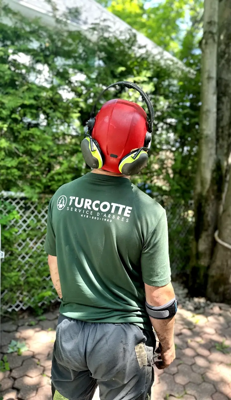 Joey Pouliot, propriétaire de Turcotte Service d’Arbres, de profil de dos.